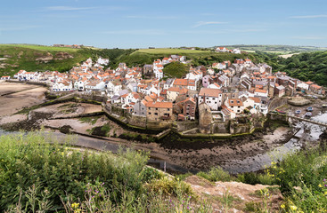 The North Yorkshire coastal village of Staithes, viewed from Cowbar Nab.
