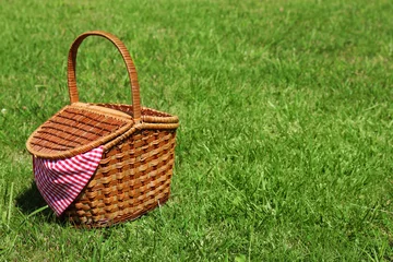 Wicker basket on green lawn prepared for picnic in park