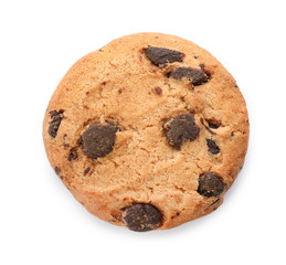 Tasty chocolate cookie on white background, top view