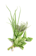 Fresh green onion, basil and thyme on white background, top view. Aromatic herbs