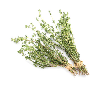Fresh green thyme on white background, top view. Aromatic herbs