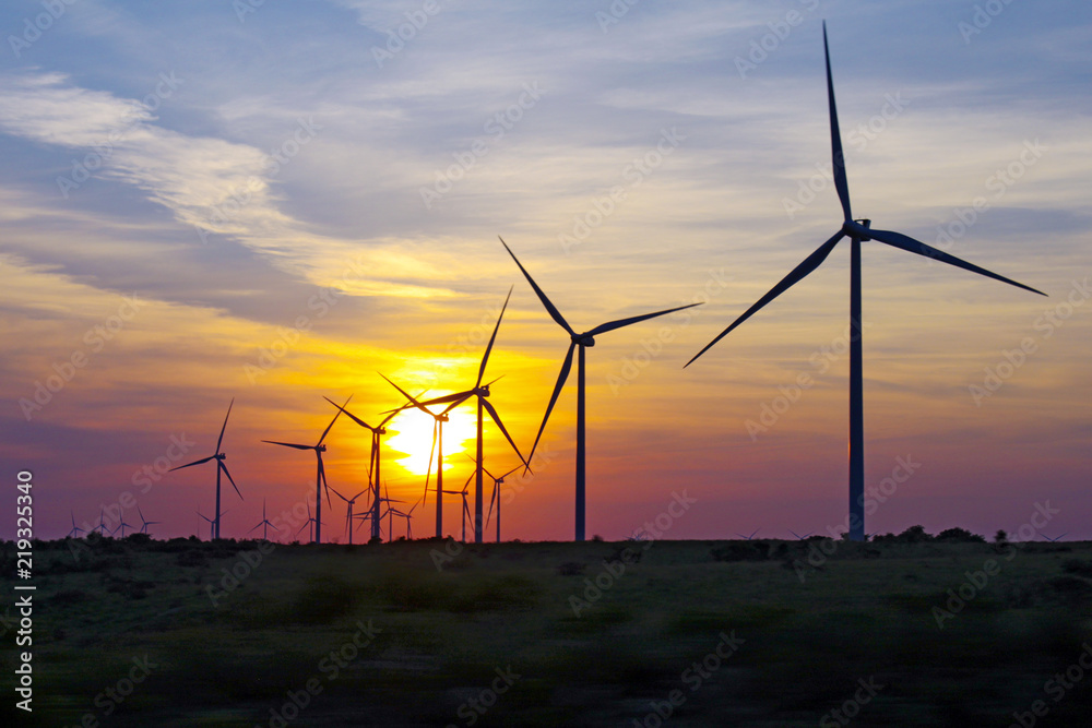 Wall mural wind turbines at sunset