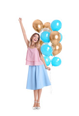 Young woman with air balloons on white background