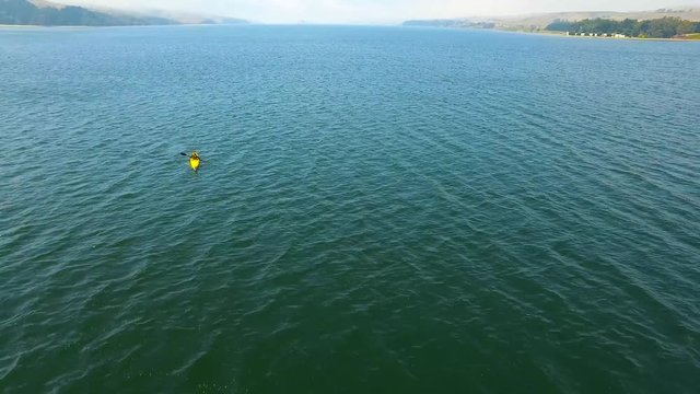 Footage captured on Tomales Bay in sunny and cloudy weather. Subjects are two kayakers. Shot with a camera gimbal on a drone.