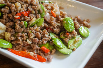 stir-fried twisted cluster bitter bean with shrimp thai traditional food