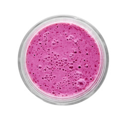 Glass with blackberry yogurt smoothie on white background, top view