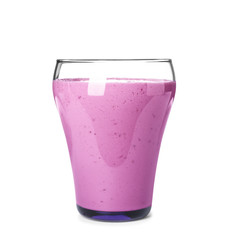 Glass with blackberry yogurt smoothie on white background