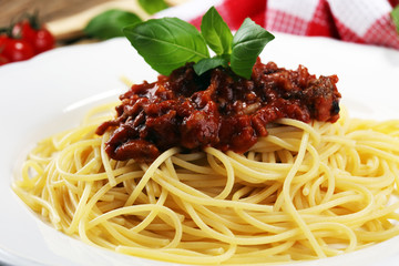 Plate of delicious spaghetti Bolognaise or Bolognese with savory minced beef