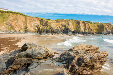 Rock formation at Polurrian Bay Beach Mullion West Cornwall South England UK