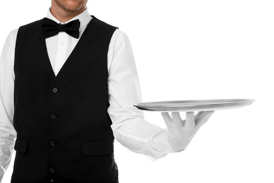 Waiter holding metal tray on white background, closeup