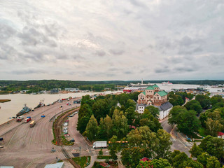 Castle of Turku and the port of Turku. Shot from the air at august.
