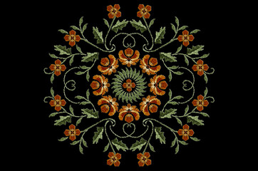 Pattern for embroidery of round ornament of orange flowers on twisted stems with leaves on black background
