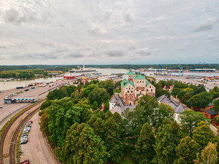 Obraz premium Castle of Turku and the port of Turku. Shot from the air at august.