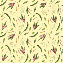 Watercolor seamless pattern with wild flowers on yellow background, retro style