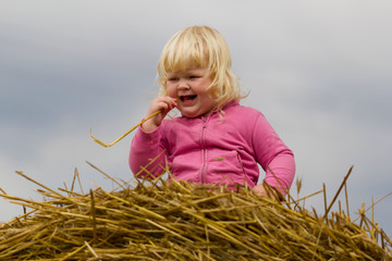 Naklejka na ściany i meble healthy childhood in harmony with nature - happy girl sits on a haystack in a wheat field