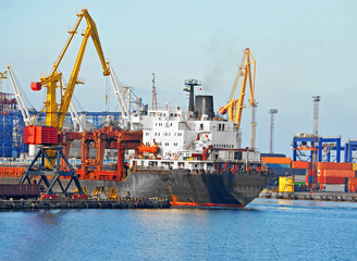 Bulk cargo ship under port crane