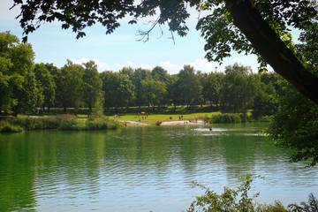 Garching, Bavaria - Summer hot weather in Bavaria,  view of  the Garchinger See, small lake near...