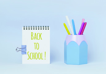 Empty note pad and pencil holder on blue pactel background