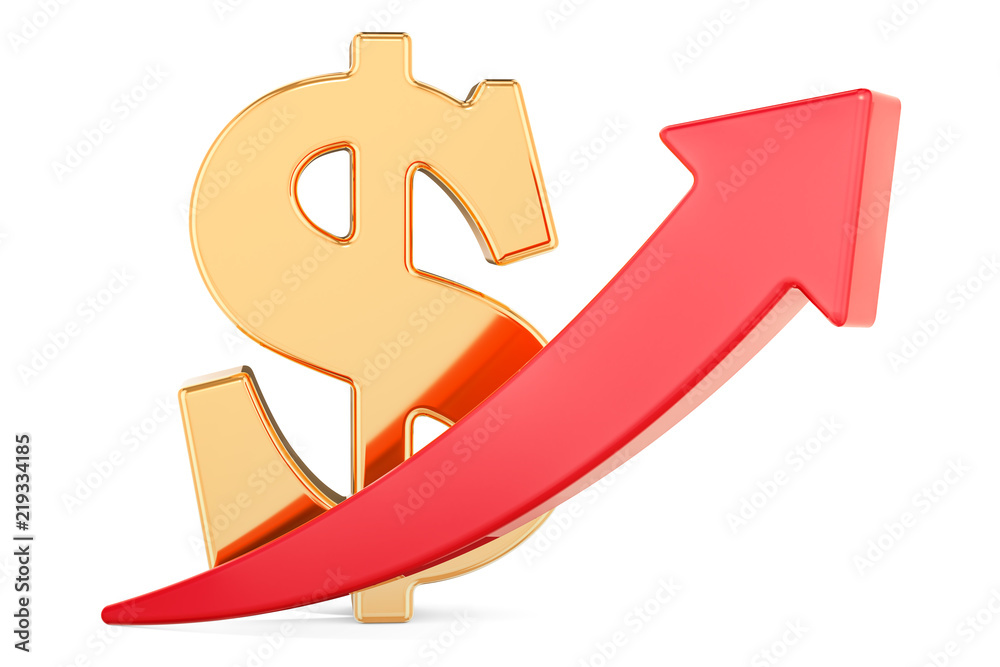 Poster dollar symbol with red arrow up, 3d rendering