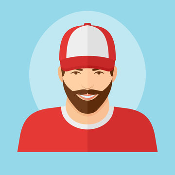 Man With Beard In Baseball Cap Flat Style Icon. Male Character Vector Illustration.