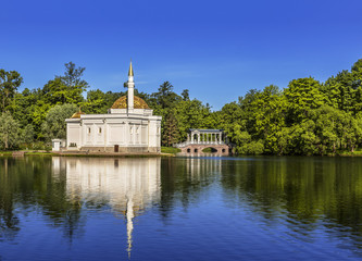 Turkish bath, pavilion and Marble (Palladian) bridge in Catherine Park in Tsarskoye Selo, St....
