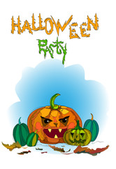 Postcard on the theme of the holiday Helwan in the form of a group of merry pumpkins in the foliage, with the inscription 