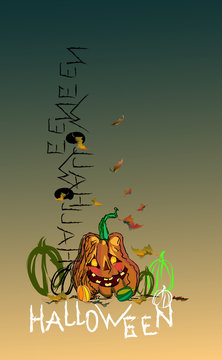 Postcard on the theme of the holiday Heluin in the form of a group of multicolored pumpkins with falling leaves, with the inscription "Halloween" on a white background. Vertical.