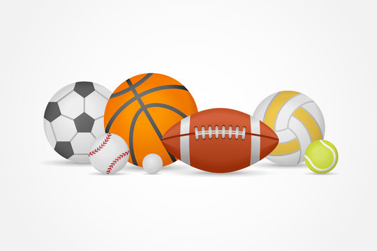 Set of different sports balls in a heap isolated on white background. Equipment for football, basketball, baseball, volleyball, tennis and golf. Vector illustration.