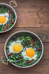 Green shakshuka. Fried eggs with fresh spinach, ramson, leek in a pan on a gray background, top view