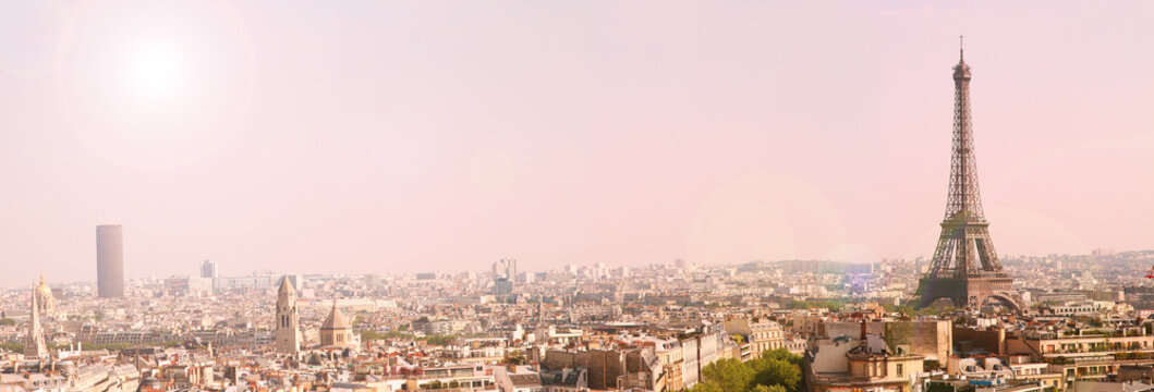 Fototapeta panoramic view of paris with the eiffel tour at sunrise