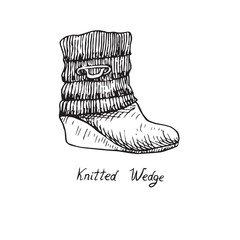 Knitted Wedge, isolated hand drawn outline doodle, sketch, black and white vector illustration with inscription