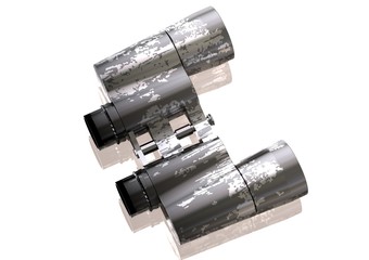 Silver and black binoculars on a white