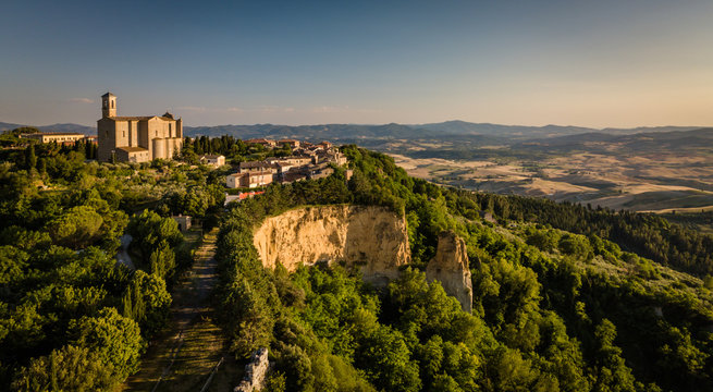 Spectacular aerial view of the old town of Volterra in Tuscany, Italy