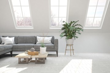 Idea of white minimalist room with sofa. Scandinavian interior design. 3D illustration