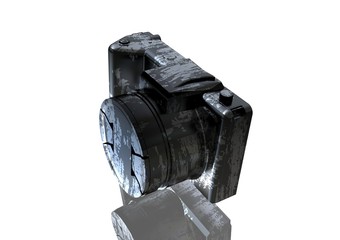 A silver and black camera on a white