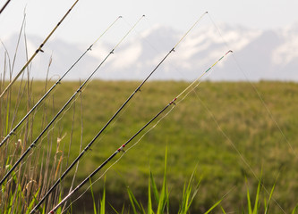 Fishing with a fishing rod on the river bank