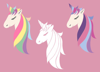 set of vector pink unicorns beautiful for girls, festive purple for birthday. head of a unicorn with a horn mane