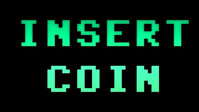A videogame ending screen text on a tv: Insert coin. 8-bit retro style.
