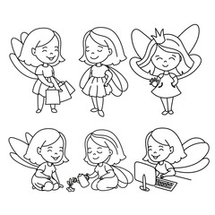 Color Vector Illustration Set DOODLE GIRLS for Digital Print, Holidays, Wall Art, Scrapbooking, Photo Album Design and Digital Paper