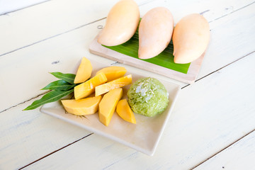 Thai style tropical dessert, sticky rice mixed coconut milk