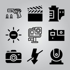 Simple 9 icon set of camera related webcam, gopro, shooting and flash vector icons. Collection Illustration