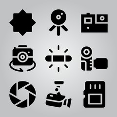 Simple 9 icon set of camera related camera, cctv, memory card and camera vector icons. Collection Illustration