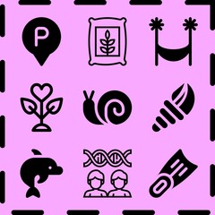 Simple 9 icon set of life related fertilizer, seashell, plant and cloning vector icons. Collection Illustration