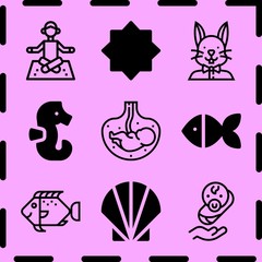 Simple 9 icon set of life related seahorse, night mode, yoga and seashell vector icons. Collection Illustration