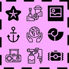 Simple 9 icon set of art related paint, starfish, picture and sand bucket vector icons. Collection Illustration