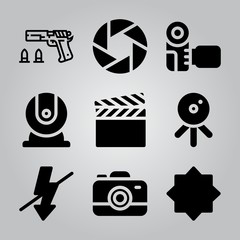 Simple 9 icon set of camera related night mode, shooting, flash and webcam vector icons. Collection Illustration