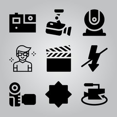 Simple 9 icon set of camera related video camera, film, night mode and webcam vector icons. Collection Illustration