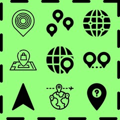 Simple 9 icon set of map related destination, globe, pin and global vector icons. Collection Illustration