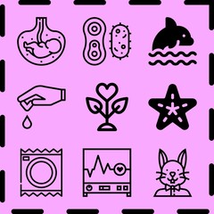 Simple 9 icon set of life related plant, dolphin, rabbit and blood donation vector icons. Collection Illustration