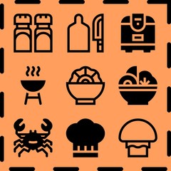 Simple 9 icon set of cooking related chef, salad, mushroom and cutting board vector icons. Collection Illustration